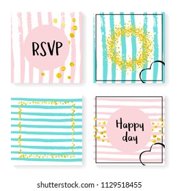 Wedding stripes with glitter confetti. Invitation set. Gold hearts and dots on pink and mint background. Template with wedding stripes for party, event, bridal shower, save the date card.