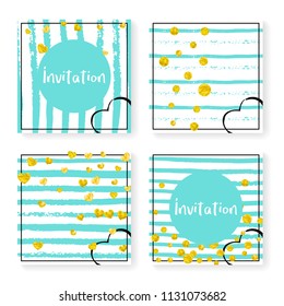 Wedding stripes with glitter confetti. Invitation set. Gold hearts and dots on mint and white background. Template with wedding stripes for party, event, bridal shower, save the date card.
