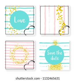 Wedding stripes with glitter confetti. Invitation set. Gold hearts and dots on pink and mint background. Template with wedding stripes for party, event, bridal shower, save the date card.