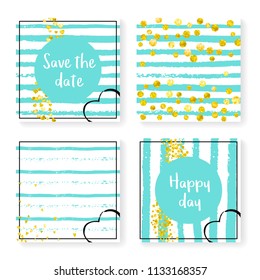 Wedding stripes with glitter confetti. Invitation set. Gold hearts and dots on mint and white background. Design with wedding stripes for party, event, bridal shower, save the date card.