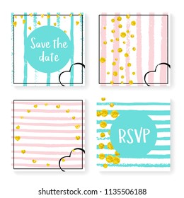 Wedding stripes with glitter confetti. Invitation set. Gold hearts and dots on pink and mint background. Template with wedding stripes for party, event, bridal shower, save the date card.