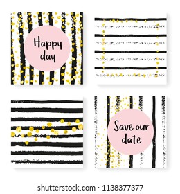Wedding stripes with glitter confetti. Invitation set. Gold hearts and dots on black and white background. Template with wedding stripes for party, event, bridal shower, save the date card.