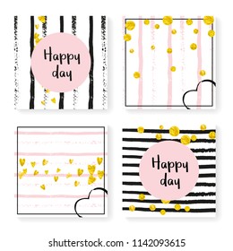 Wedding stripes with glitter confetti. Invitation set. Gold hearts and dots on black and pink background. Design with wedding stripes for party, event, bridal shower, save the date card.