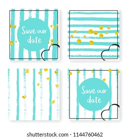 Wedding stripes with glitter confetti. Invitation set. Gold hearts and dots on mint and white background. Template with wedding stripes for party, event, bridal shower, save the date card.