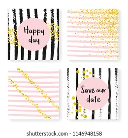 Wedding stripes with glitter confetti. Invitation set. Gold hearts and dots on black and pink background. Template with wedding stripes for party, event, bridal shower, save the date card.