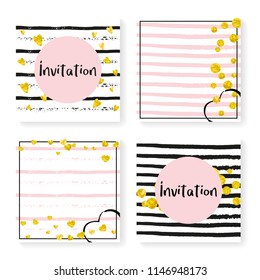 Wedding stripes with glitter confetti. Invitation set. Gold hearts and dots on black and pink background. Design with wedding stripes for party, event, bridal shower, save the date card.