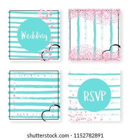 Wedding stripes with glitter confetti. Invitation set. Pink hearts and dots on mint and white background. Design with wedding stripes for party, event, bridal shower, save the date card.