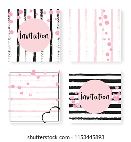 Wedding stripes with glitter confetti. Invitation set. Pink hearts and dots on black and pink background. Template with wedding stripes for party, event, bridal shower, save the date card.