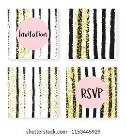 Wedding stripes with glitter confetti. Invitation set. Gold hearts and dots on black and white background. Design with wedding stripes for party, event, bridal shower, save the date card.