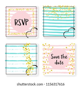 Wedding stripes with glitter confetti. Invitation set. Gold hearts and dots on pink and mint background. Template with wedding stripes for party, event, bridal shower, save the date card.