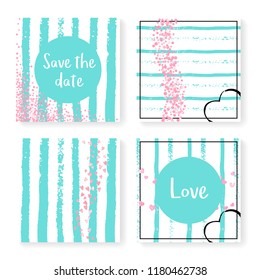 Wedding stripes with glitter confetti. Invitation set. Pink hearts and dots on mint and white background. Design with wedding stripes for party, event, bridal shower, save the date card.