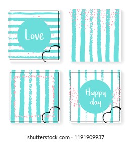 Wedding stripes with glitter confetti. Invitation set. Pink hearts and dots on mint and white background. Template with wedding stripes for party, event, bridal shower, save the date card.