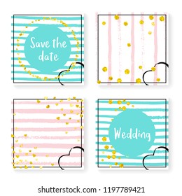 Wedding stripes with glitter confetti. Invitation set. Gold hearts and dots on pink and mint background. Template with wedding stripes for party, event, bridal shower, save the date card.