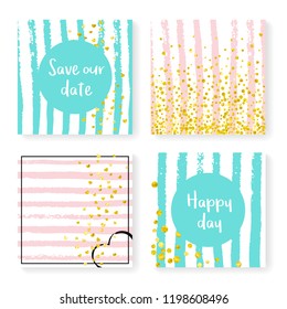 Wedding stripes with glitter confetti. Invitation set. Gold hearts and dots on pink and mint background. Template with wedding stripes for party, event, bridal shower, save the date card.