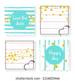 Wedding stripes with glitter confetti. Invitation set. Gold hearts and dots on pink and mint background. Template with wedding stripes for party, event, bridal shower, save the date card.
