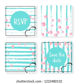 Wedding stripes with glitter confetti. Invitation set. Pink hearts and dots on mint and white background. Design with wedding stripes for party, event, bridal shower, save the date card.