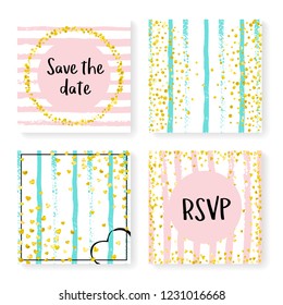Wedding stripes with glitter confetti. Invitation set. Gold hearts and dots on pink and mint background. Design with wedding stripes for party, event, bridal shower, save the date card.