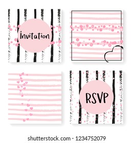 Wedding stripes with glitter confetti. Invitation set. Pink hearts and dots on black and pink background. Design with wedding stripes for party, event, bridal shower, save the date card.