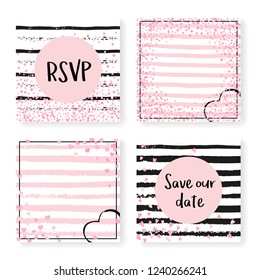 Wedding stripes with glitter confetti. Invitation set. Pink hearts and dots on black and pink background. Template with wedding stripes for party, event, bridal shower, save the date card.