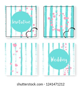 Wedding stripes with glitter confetti. Invitation set. Pink hearts and dots on mint and white background. Design with wedding stripes for party, event, bridal shower, save the date card.