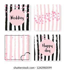 Wedding stripes with glitter confetti. Invitation set. Pink hearts and dots on black and pink background. Design with wedding stripes for party, event, bridal shower, save the date card.