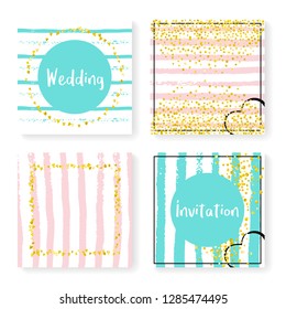 Wedding stripes with glitter confetti. Invitation set. Gold hearts and dots on pink and mint background. Template with wedding stripes for party, event, bridal shower, save the date card.