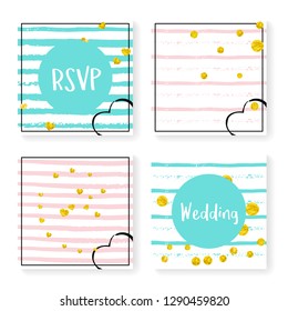Wedding stripes with glitter confetti. Invitation set. Gold hearts and dots on pink and mint background. Design with wedding stripes for party, event, bridal shower, save the date card.