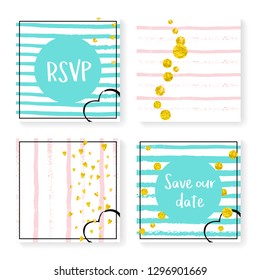 Wedding stripes with glitter confetti. Invitation set. Gold hearts and dots on pink and mint background. Template with wedding stripes for party, event, bridal shower, save the date card.