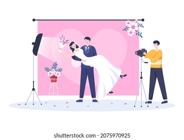 Wedding Studio Photo Flat Design. Photographer Shooting Model Man and Women with a Wedding Theme or Bridal Couple use Camera in Cartoon Style Vector Illustration