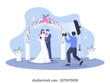 Wedding Studio Photo Flat Design. Photographer Shooting Model Man and Women with a Wedding Theme or Bridal Couple use Camera in Cartoon Style Vector Illustration