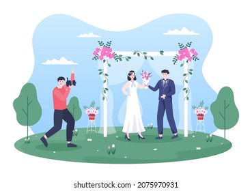 Wedding Studio Photo Flat Design. Photographer Shooting Model Man and Women with a Wedding Theme or Bridal Couple use Camera in Cartoon Style Vector Illustration