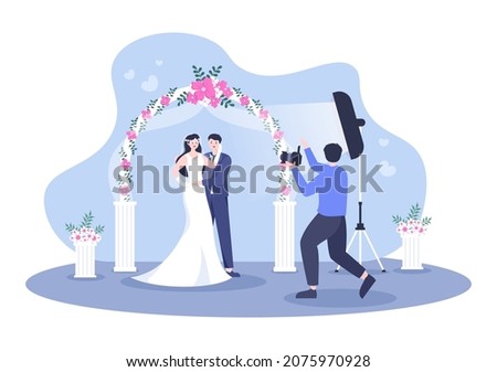 Wedding Studio Photo Flat Design. Photographer Shooting Model Man and Women with a Wedding Theme or Bridal Couple use Camera in Cartoon Style Vector Illustration