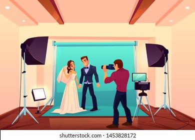 Wedding studio photo shoot with bride and groom posing on backstage with light and professional equipment. Photographer take shots of young bridal couple for family album. Cartoon vector illustration