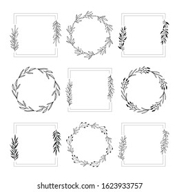 Wedding style branding frames. Circle and squared elegant borders with floral elements. Vector isolated illustration.