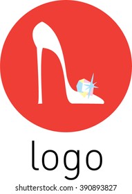 Wedding style shoe logo. White High heel with diamond. Pumps. Cinderella shoe.