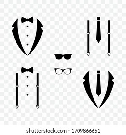 Wedding suit, tuxedo, bow-tie, suspenders, tie isolated on transparent background.