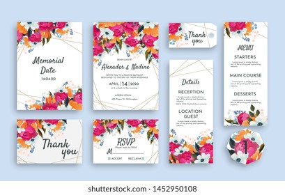 Wedding suite template decorate with beautiful lowers. Including memorial date card, invitation card, wedding menu, response card and thank you card. Vector illustration.