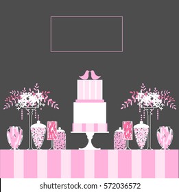 Wedding sweet table. Candy Buffet with cake and flowers. Wedding cake with birds.  Vector illustration.