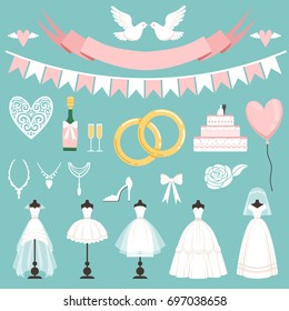 Wedding symbols in cartoon style. Cake, flowers, rings and other elements