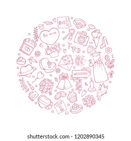 Wedding symbols in circle shape. Vector illustrations of wedding. Wedding drawing outline, love and gift, floral and jewelry