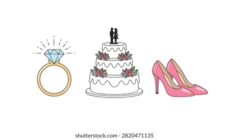 Wedding symbols featuring engagement ring, tiered cake, and high heel shoes.