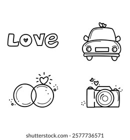  wedding symbols manifesting love through heart symbols, rings, cars, cameras and bridal jewelry