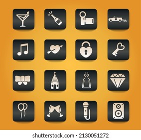 Wedding symbols on black buttons on yellow background