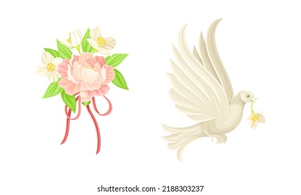 Wedding symbols set. Bouquet of pink flowers and white pigeon, attributes of bride cartoon vector illustration