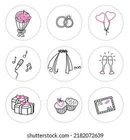Wedding symbols. Set of Cartoon linear stickers in doodle style isolated on white background.