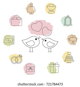 Wedding symbols set. Wedding concept design with wedding icons in thin line style.