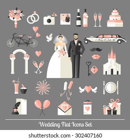 Símbolos de casamento definidos. Ícones planos para o seu design de casamento.