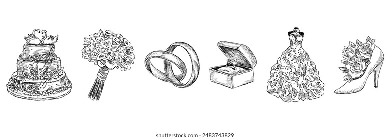 Wedding symbols sketches, rings, dress, cake, bouquet, vector hand drawn illustration isolated on white