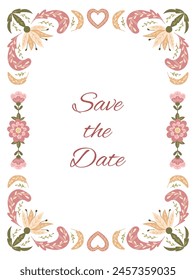 Wedding symmetry invitation in flat floral folk style and muted colors. Botanical illustration with feathers for engagement greeting card isolated on white background