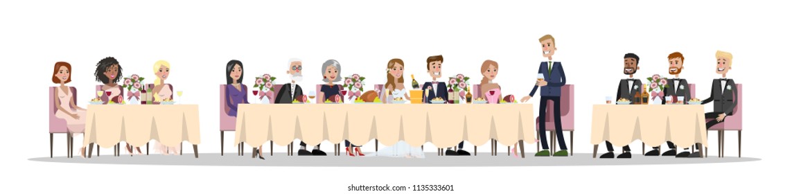 Wedding table with beautiful flower decoration full of delicious food. Wedding celebration. Isolated vector illustration set.